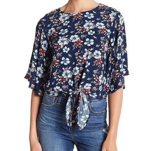 Elodie Women Small Blue Floral Tie Front Keyhole Blouse w/ Butterfly Sle…